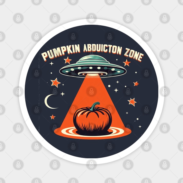 Pumpkin Abduction Zone: Retro UFO for Halloween Magnet by bagaiART